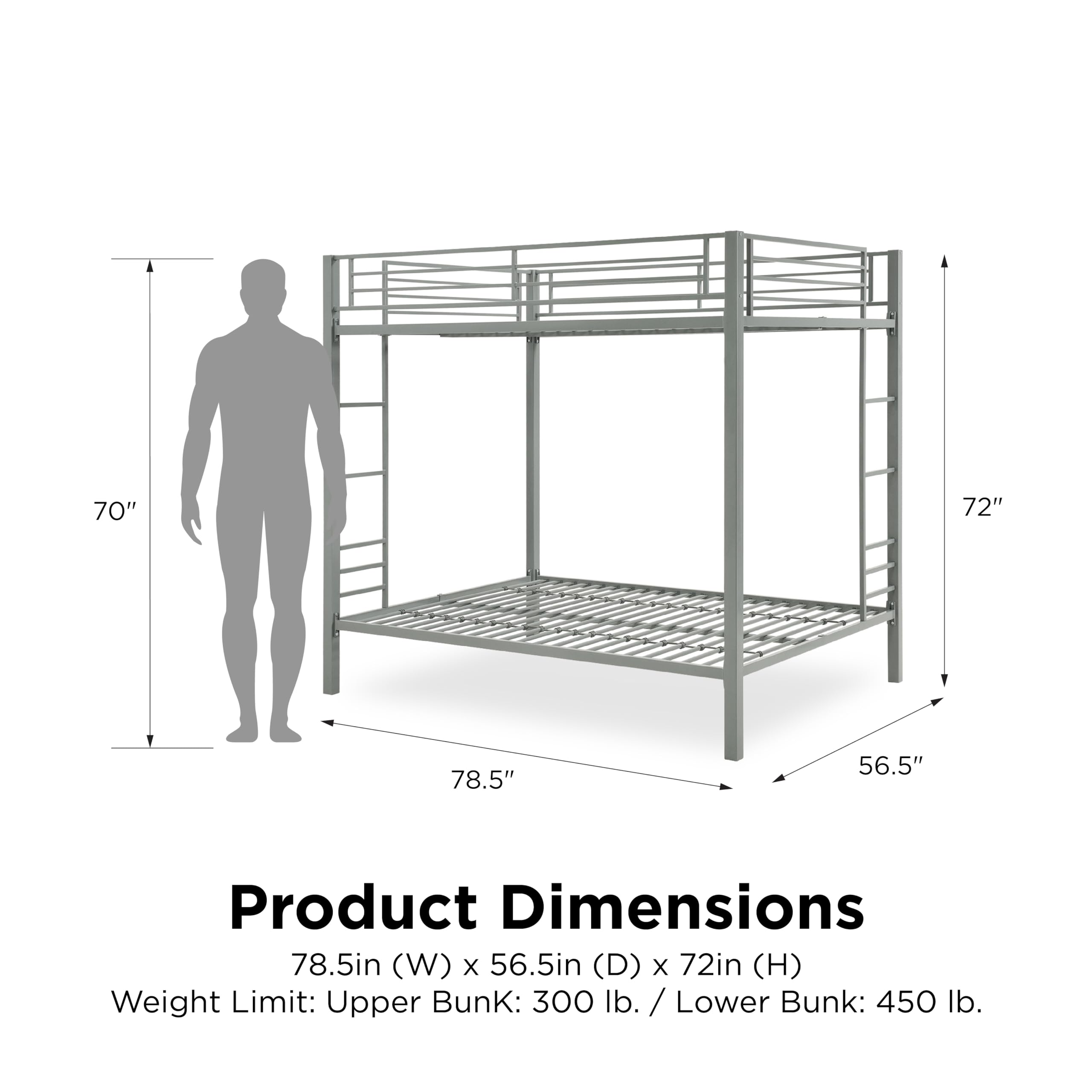 Full Kids Metal Bunk Bed, Silver