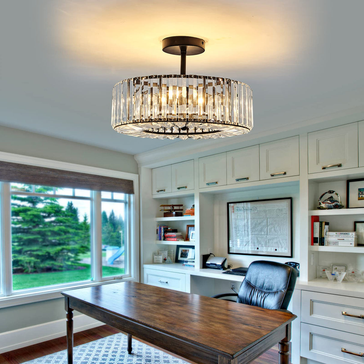 4 Lights Modern Crystal Chandelier Black Round Semi Flush Mount