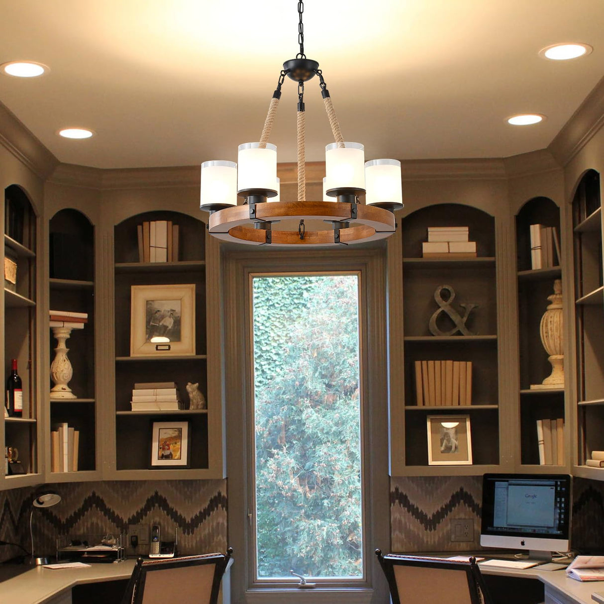 Farmhouse Wood Wagon Wheel Chandelier,6-Light Rustic Pendant Light with Glass Shades