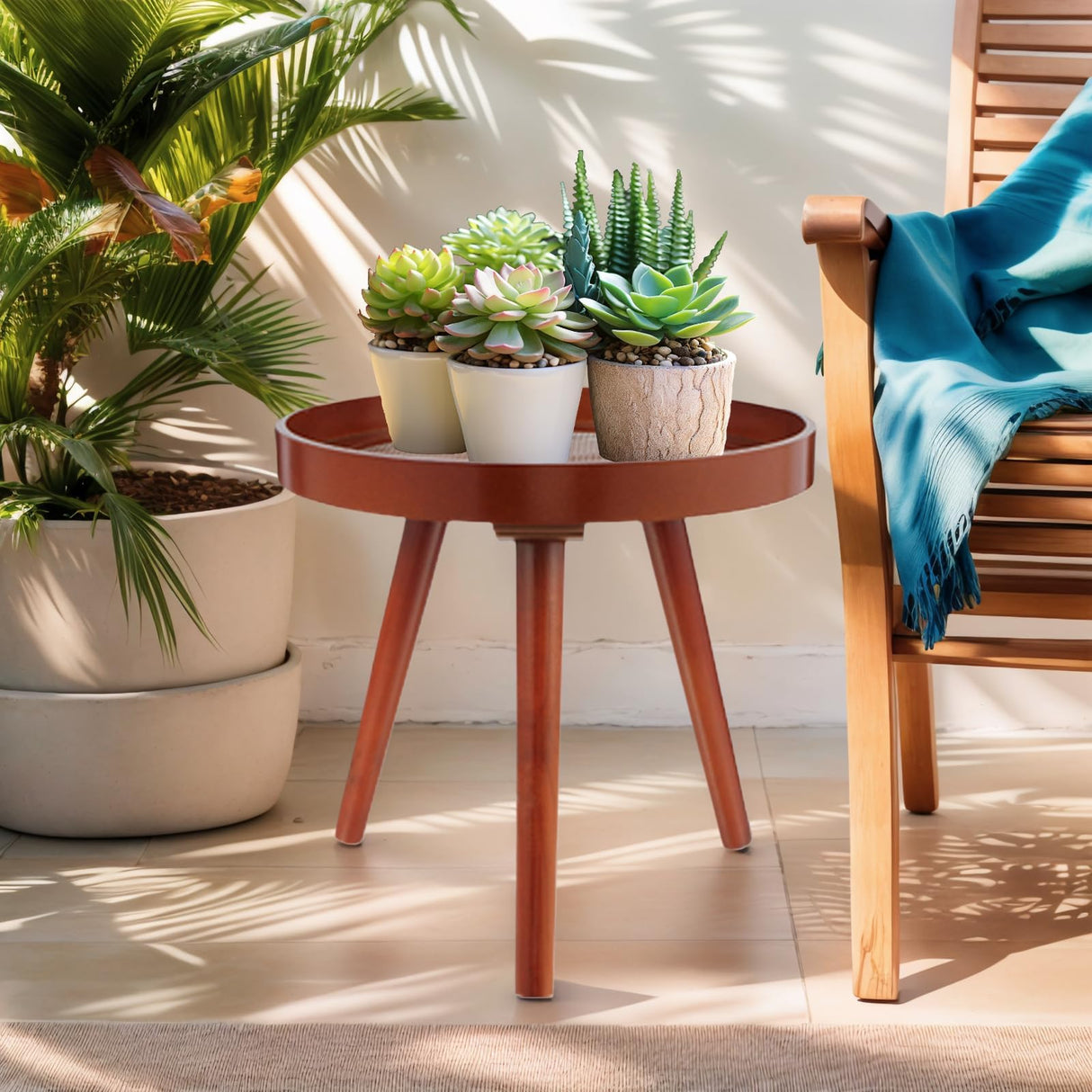 Small Round End Table, Side Tables for Patio, Mid Century Modern Rustic Accent Table with Solid Wood Legs, Reddish Brown Finish, Perfect for Bedroom, Living Room, Indoor Or Outdoor - Bircata