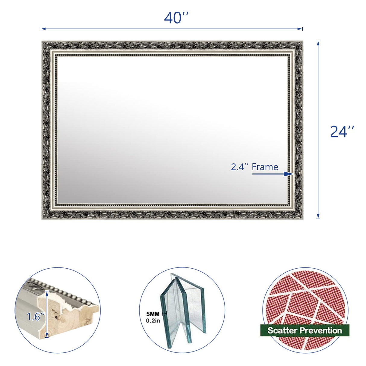 Rectangle Bathroom Wall Mirror - Silver Frame 40" x 24"