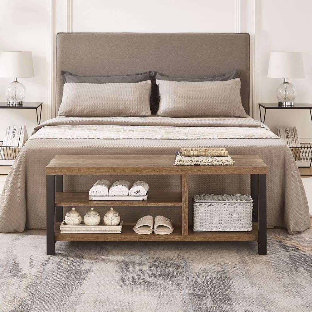 Industrial Entryway Bench, Rustic Wood and Metal Shoe Storage Bench