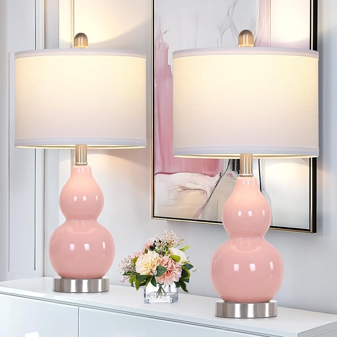 Double Gourd Ceramic Table Lamps Set of 2, Modern White Bedside Lamps for Night Stand