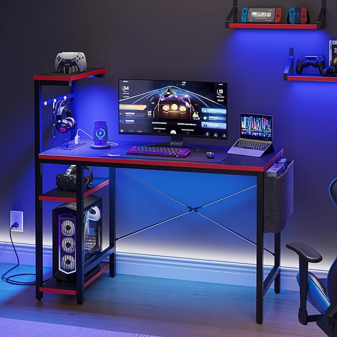 Gaming Desk with LED Lights, 44 Inch PC Gamer Desk for Small Spaces, Computer Desk