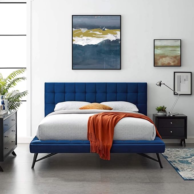 Biscuit Tufted Performance Velvet Queen Platform Bed in Teal