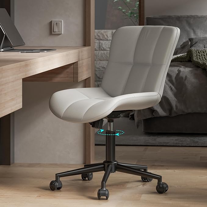 Armless Desk Chair with Wheels for Home Office, PU Leather Comfty Desk Chair Modern Height Adjustable, Swivel Computer Task Chairs, Cute Makeup Vanity Chair(Gray)