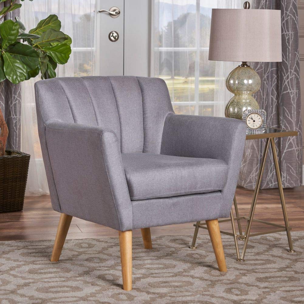 Merel Mid-Century Modern Fabric Club Chair, Light Grey / Natural
