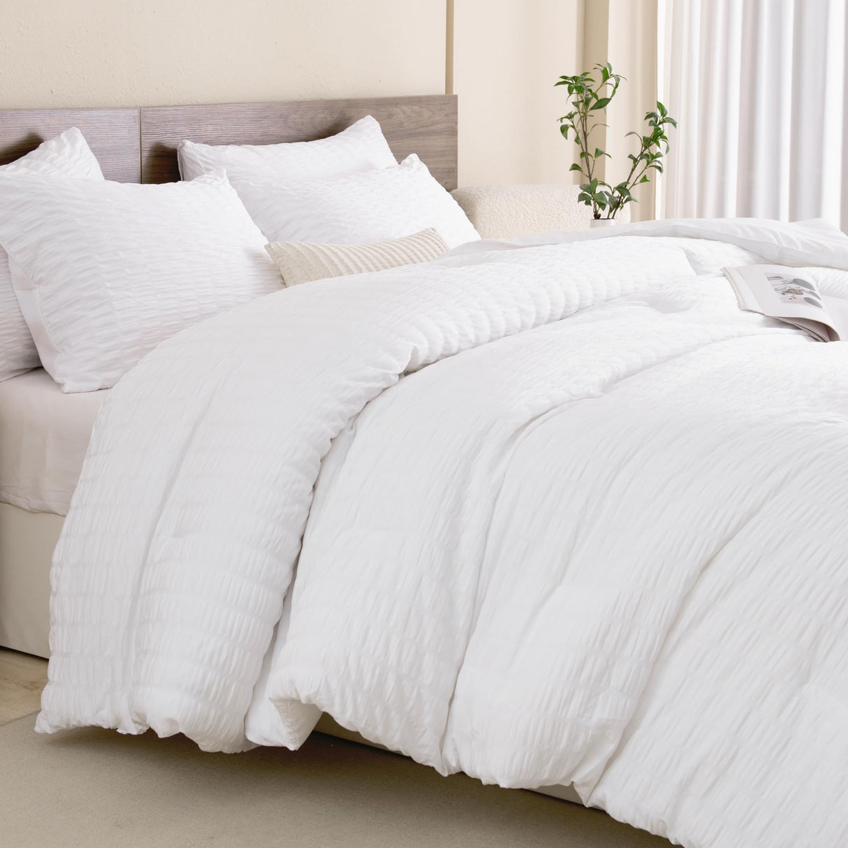 King Size Comforter Set White, 3 Pieces Seersucker Bedding Comforter Sets