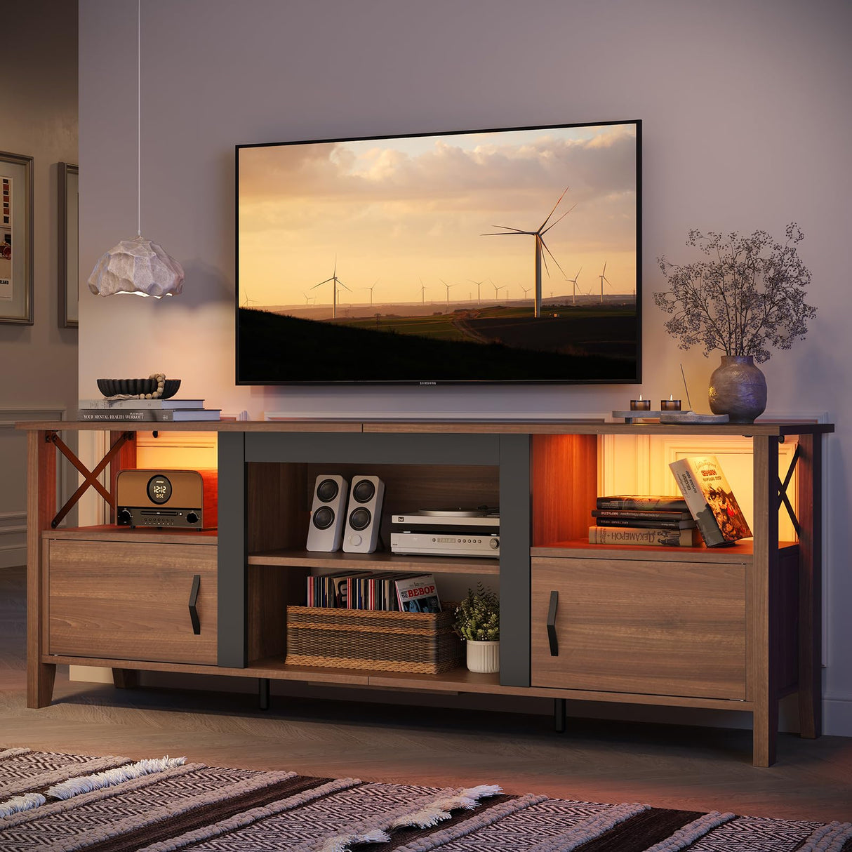 Farmhouse TV Stand for 70 Inch TV with LED Lights - 63 Inch Entertainment Center