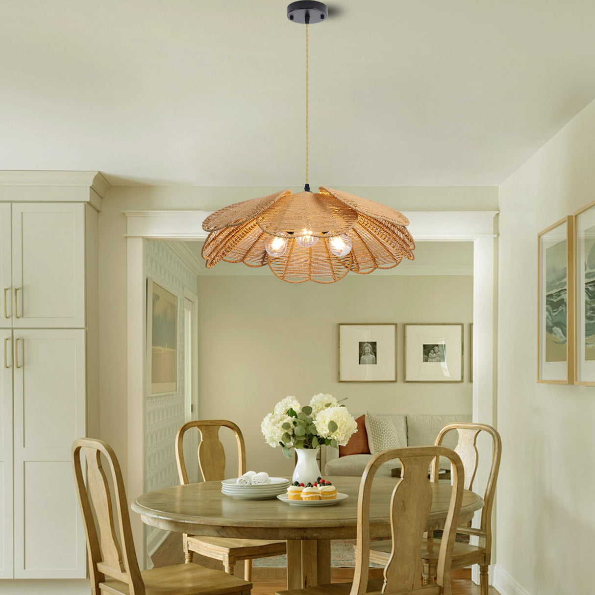 WYYSDWNE 3 Light Rattan Chandelier, 21.8 in Boho Chandelier Light Fixture, Hand Woven Wicker Pendant Light for Dining Room, Living Room, Hallway, Kitchen