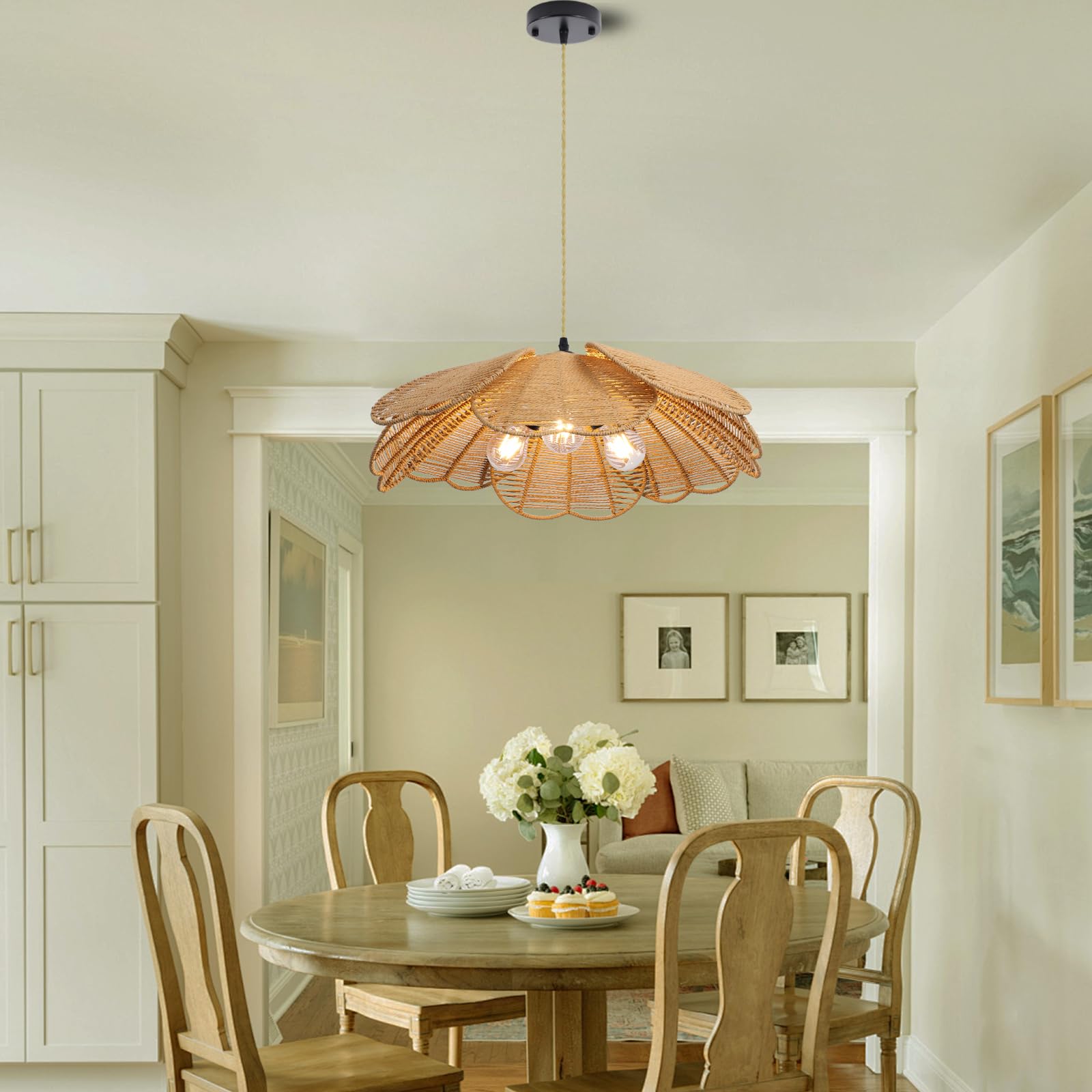 WYYSDWNE 3 Light Rattan Chandelier, 21.8 in Boho Chandelier Light Fixture, Hand Woven Wicker Pendant Light for Dining Room, Living Room, Hallway, Kitchen