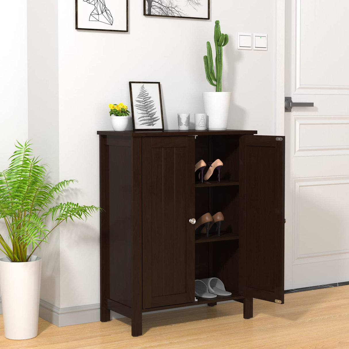 Bathroom Floor Cabinet - Freestanding Side Storage Organizer with Double Doors & Adjustable Shelf