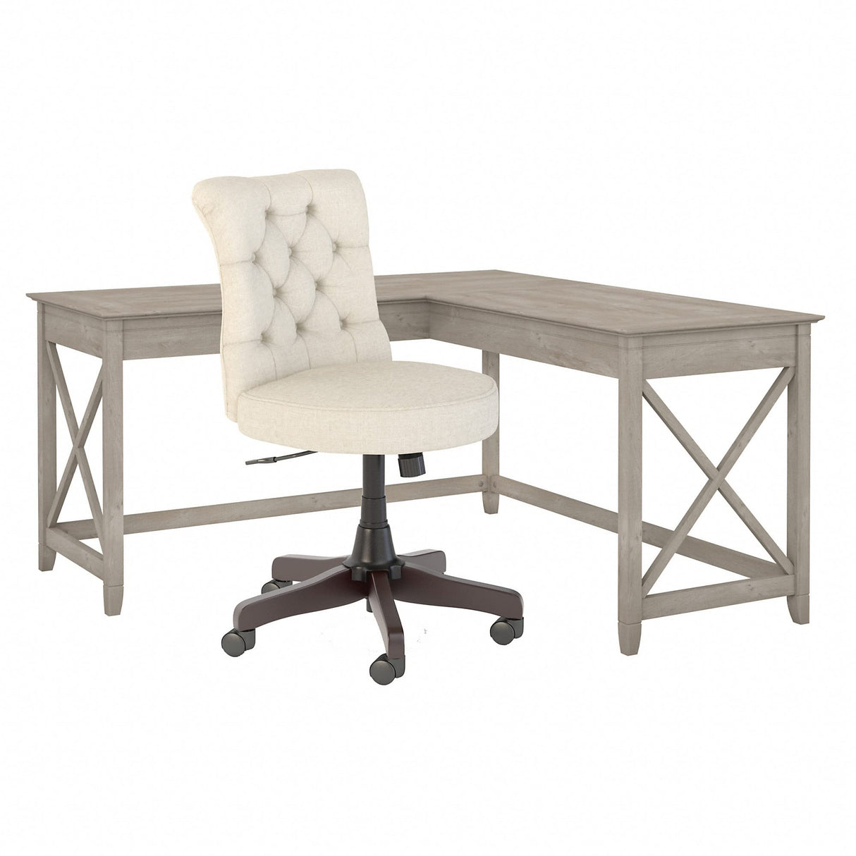 Key West 60W L Shaped Desk with Mid Back Tufted Office Chair in Washed Gray