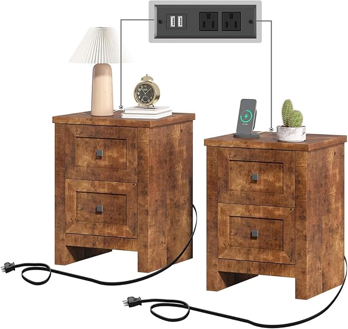 Nightstand Set of 2 with Charging Station, Farmhouse End Table with 2 Drawers Storage