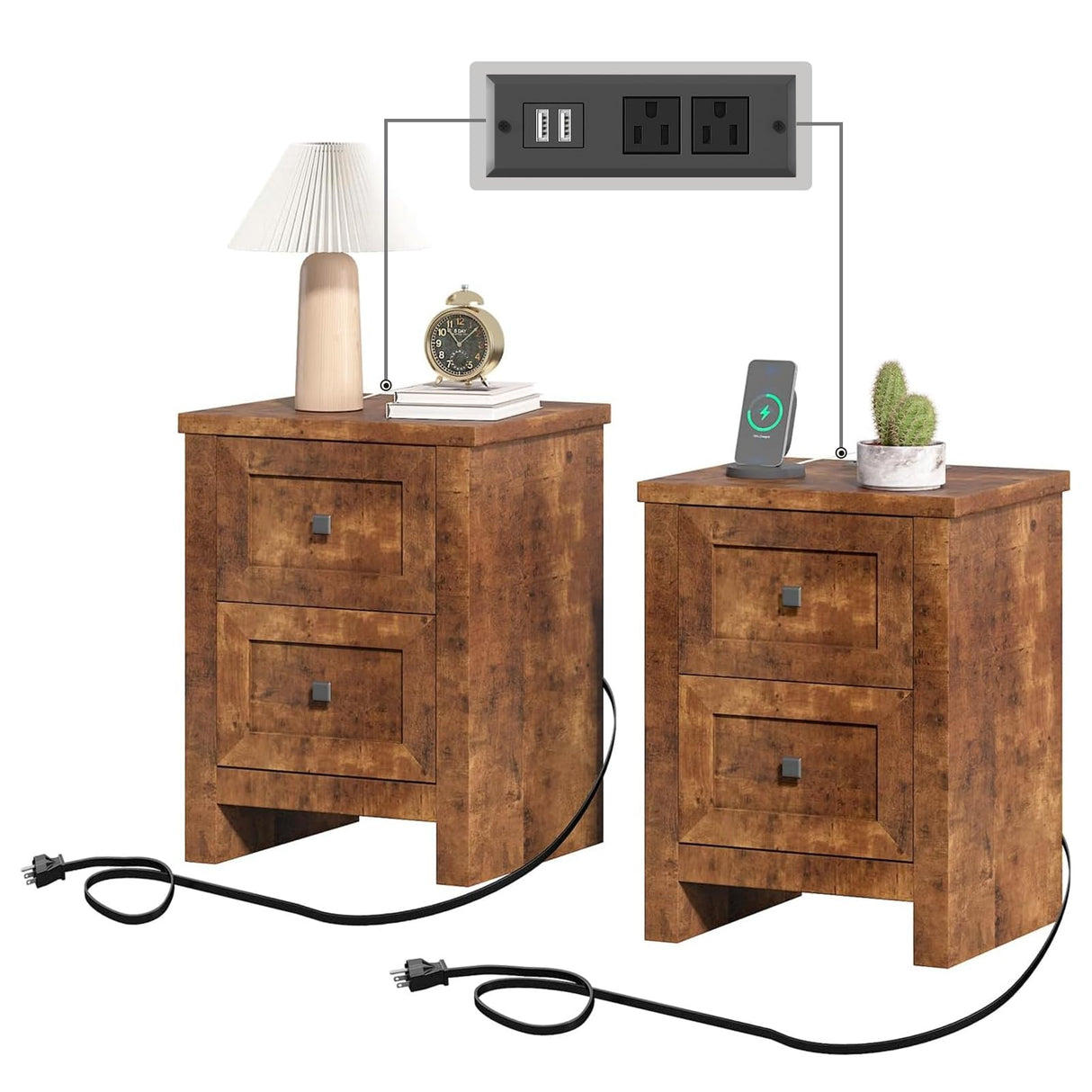 Nightstand Set of 2 with Charging Station, Farmhouse End Table with 2 Drawers Storage
