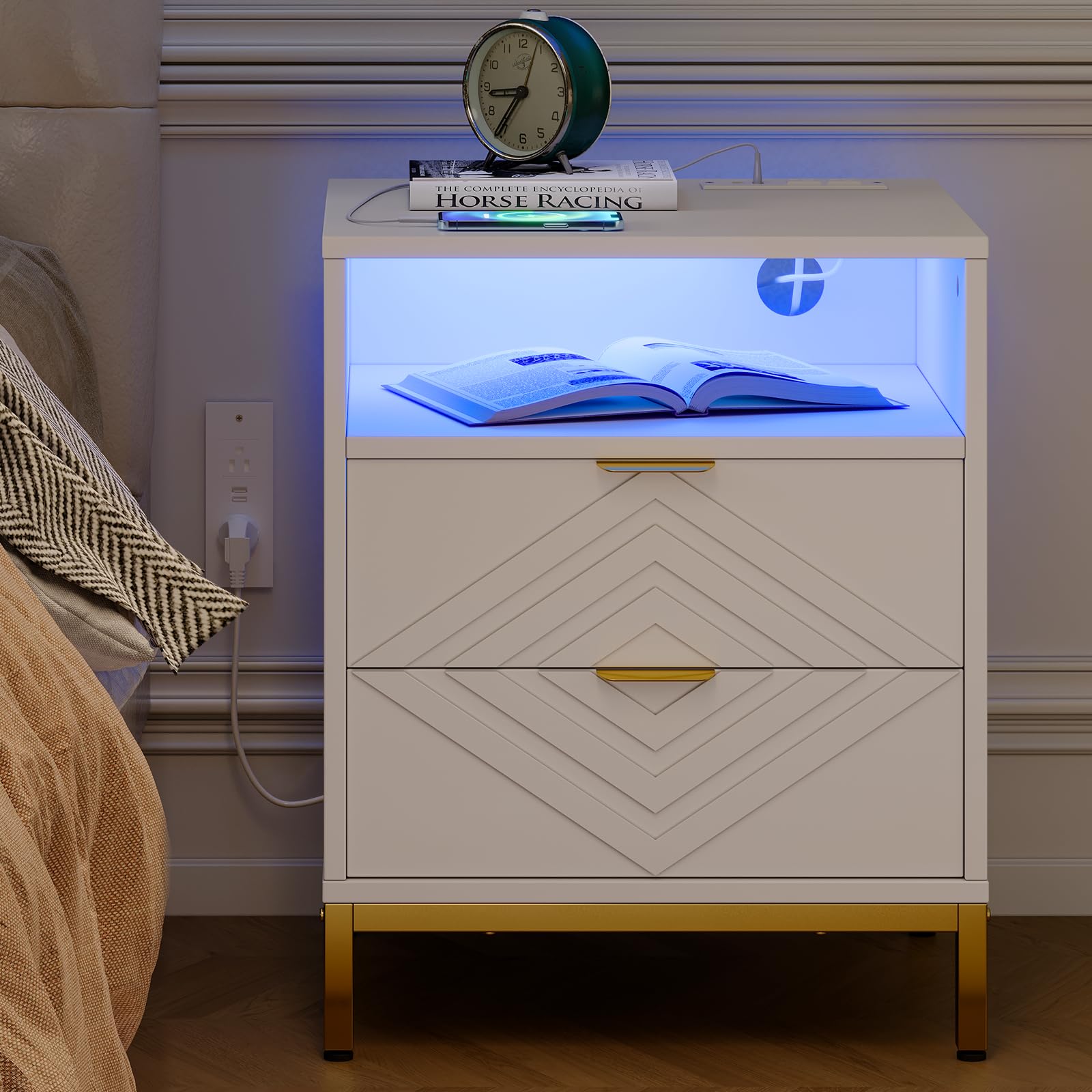 Nightstand, Modern Side Table, End Table with Charging Station and LED Lights, Bedside