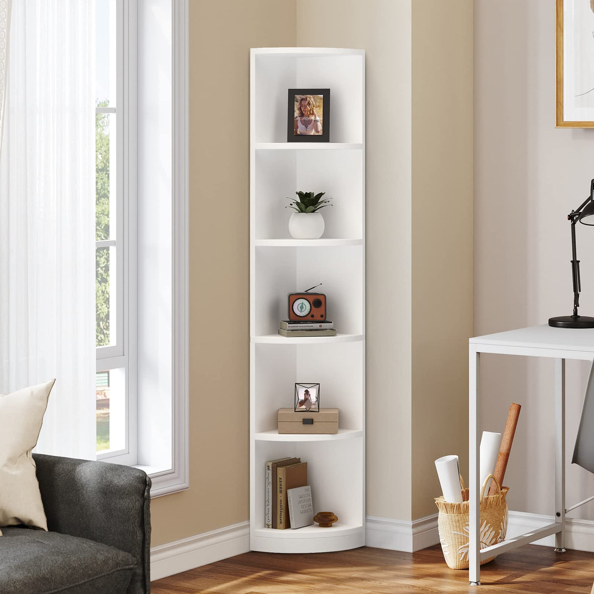 5-Tier Corner Shelf, 70.8" Tall Modern Free Standing Corner Bookshelf, 5 Shelf Display Corner Bookcase and Bookshelves,Wooden Open Storage Book Shelves for Living Room, Home Office, White