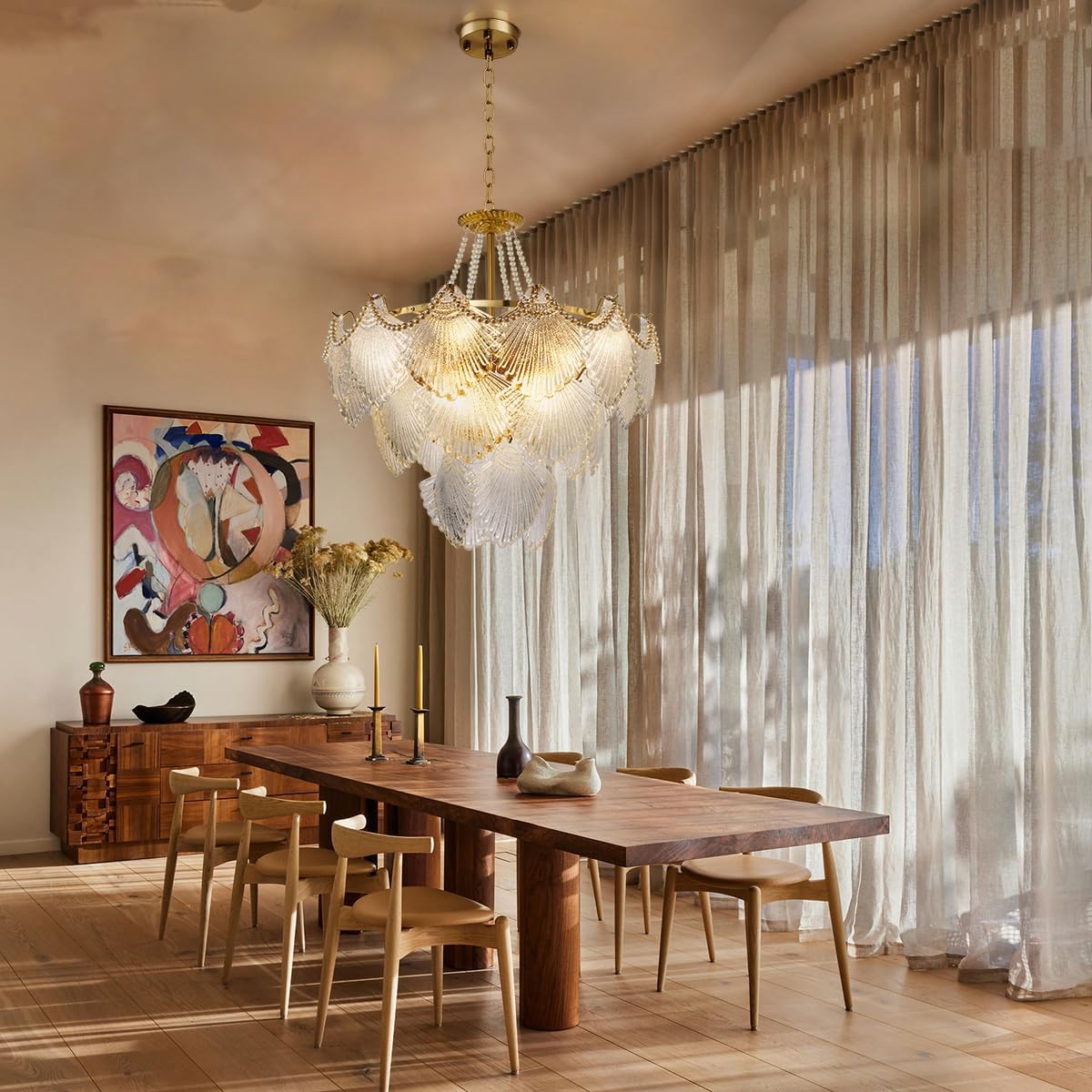 Gold Multi-Tier Crystal Chandelier, Shell Cloud Glass Metal Pendant Chandeliers