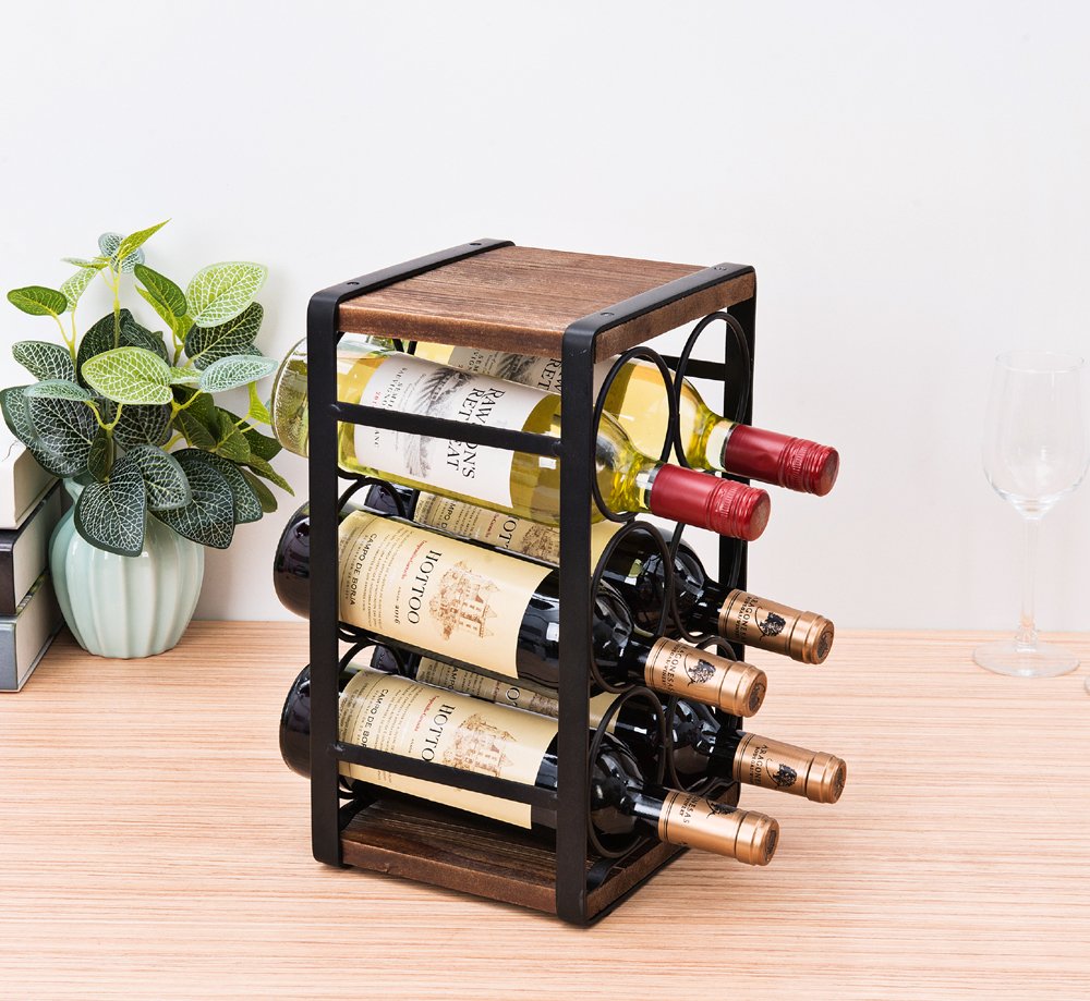 Rustic Wood & Metal Wine Rack – 6 Bottle Countertop Holder