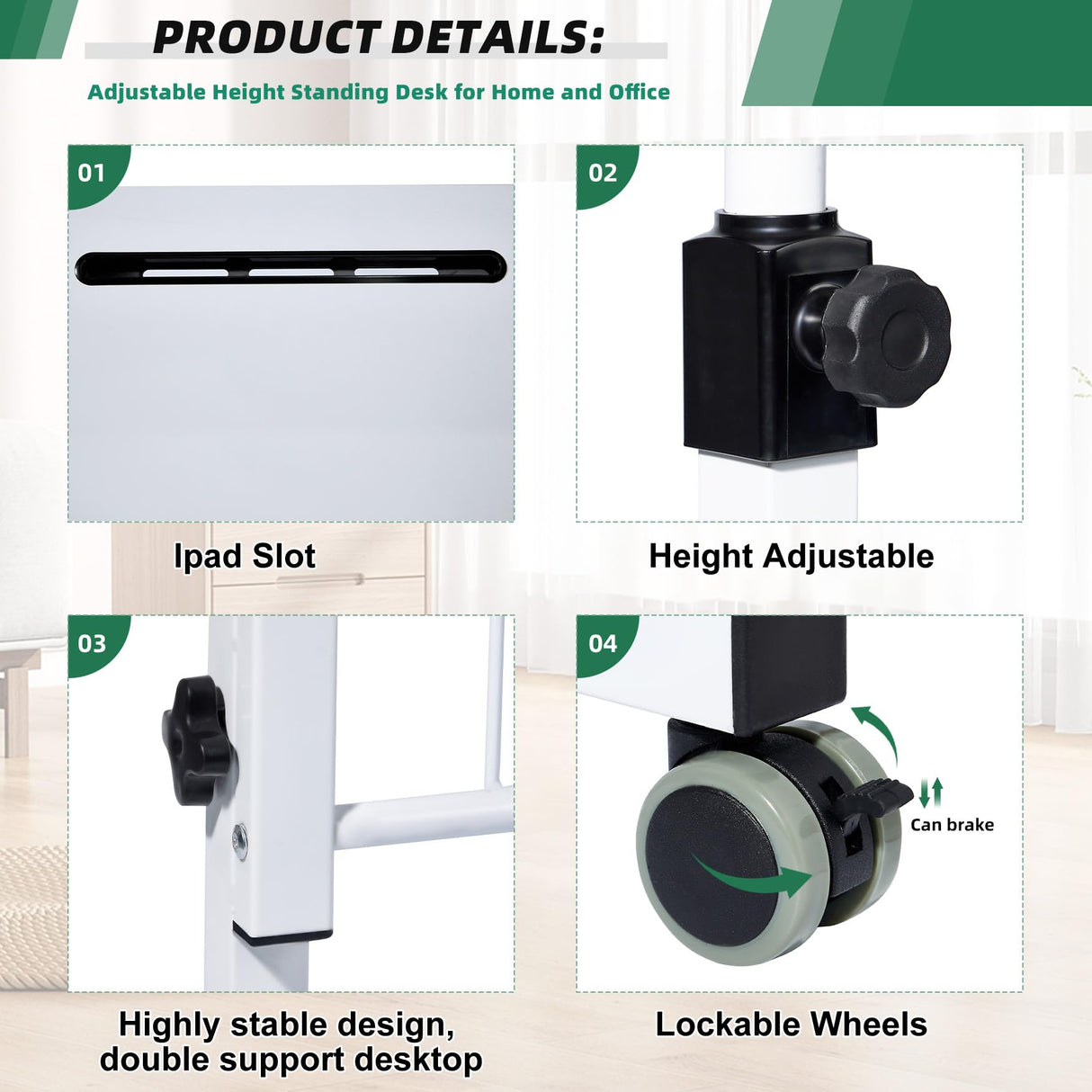 Desk Adjustable Height Portable Mobile Laptop Desk Treadmill Desk for Walk Rolling Wheel Desk Sit to Stand White