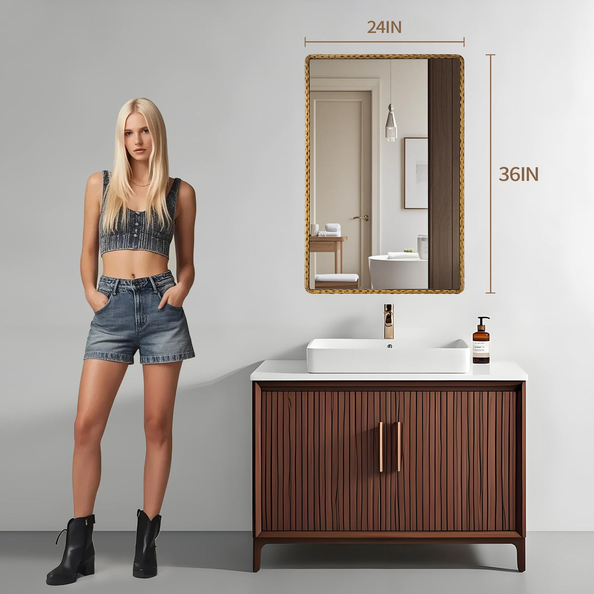 Rectangle Bathroom Mirror with Rounded Corner - Antique Gold Hammered Metal Frame 24x36