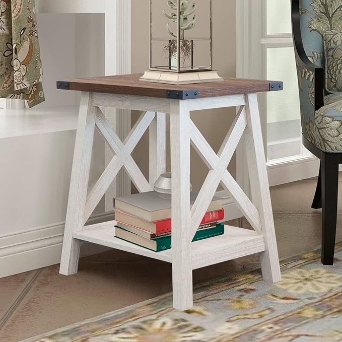 Side Table End Table for Living Room, Farmhouse Accent Wood Nightstand for Bedroom