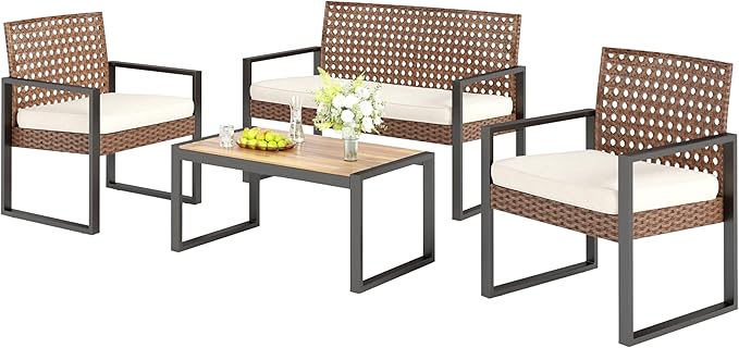 4 Pieces Patio Conversation Set, Wicker Outdoor Furniture Set for 4