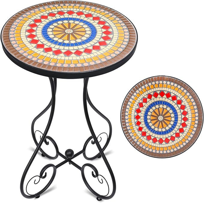 Mosaic Outdoor Side Table, Round Rustproof Patio Tables with 14" Ceramic Tile Top