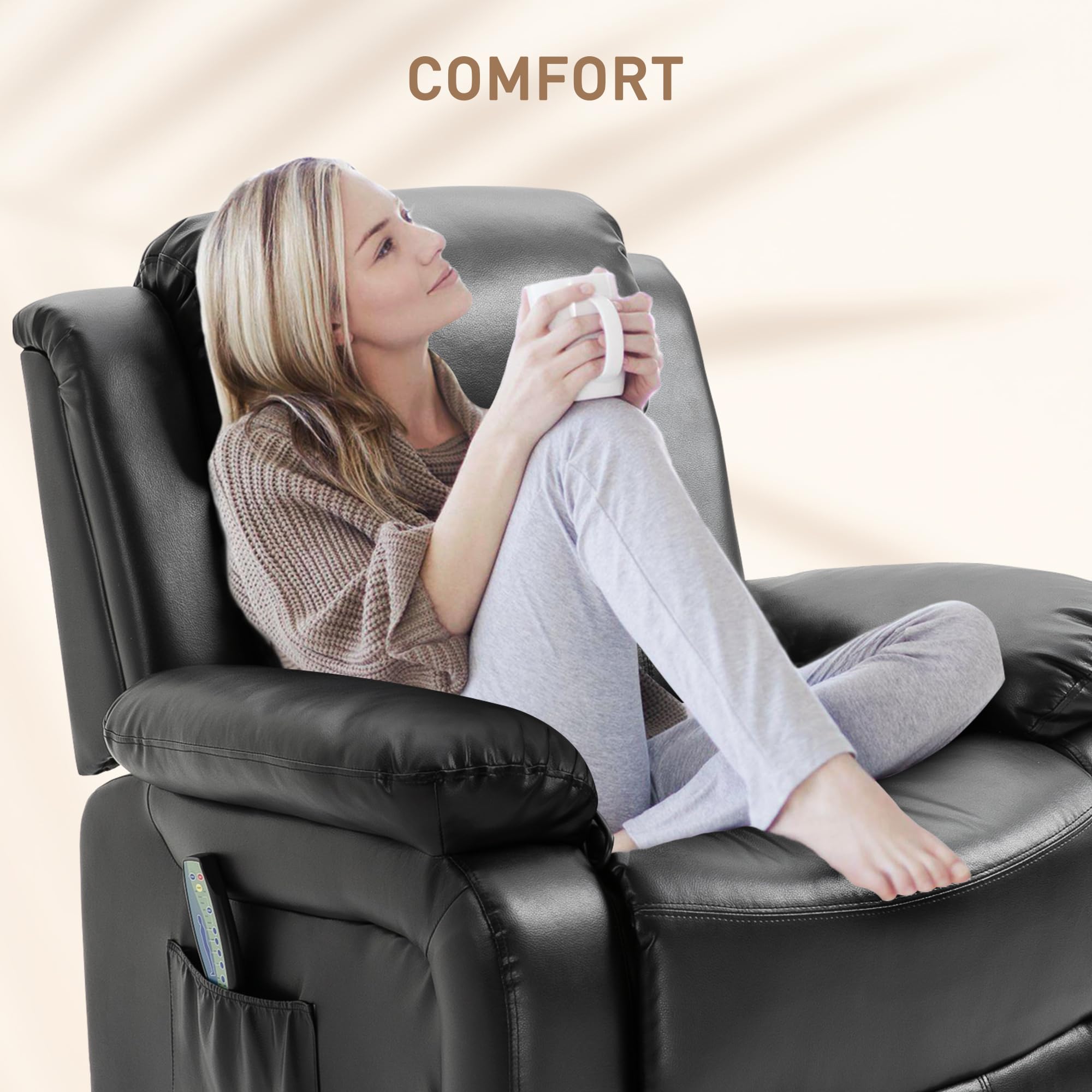 TheraLuxe 8-Point PU Leather Swivel Rocker Recliner with Remote & Massage