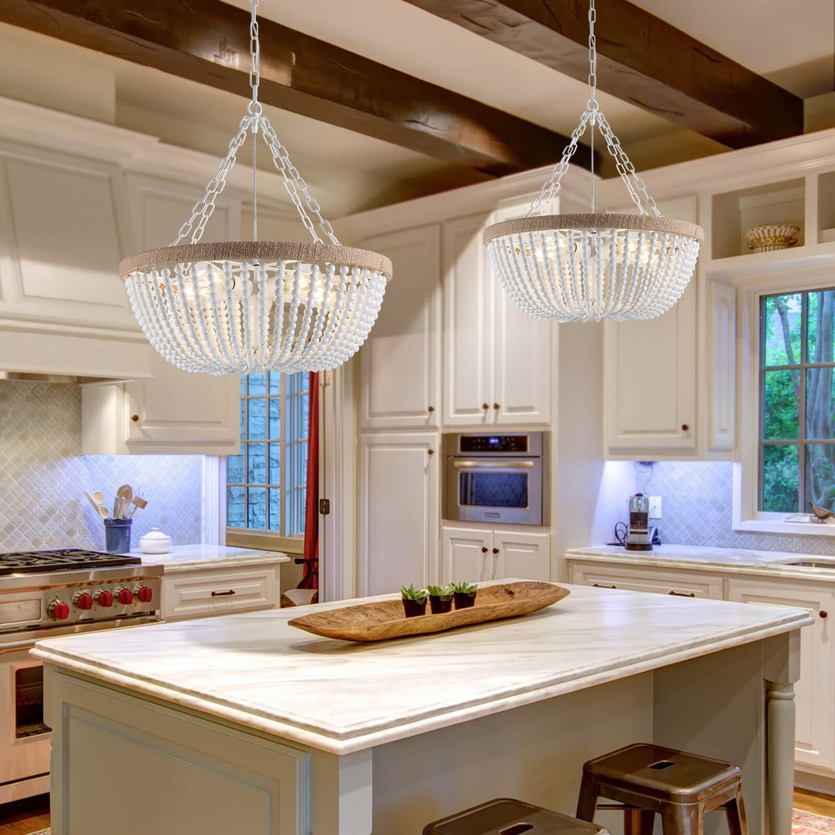 5 Lights White Bohemia Wood Beaded Chandelier, Farmhouse Boho Chandelier Light