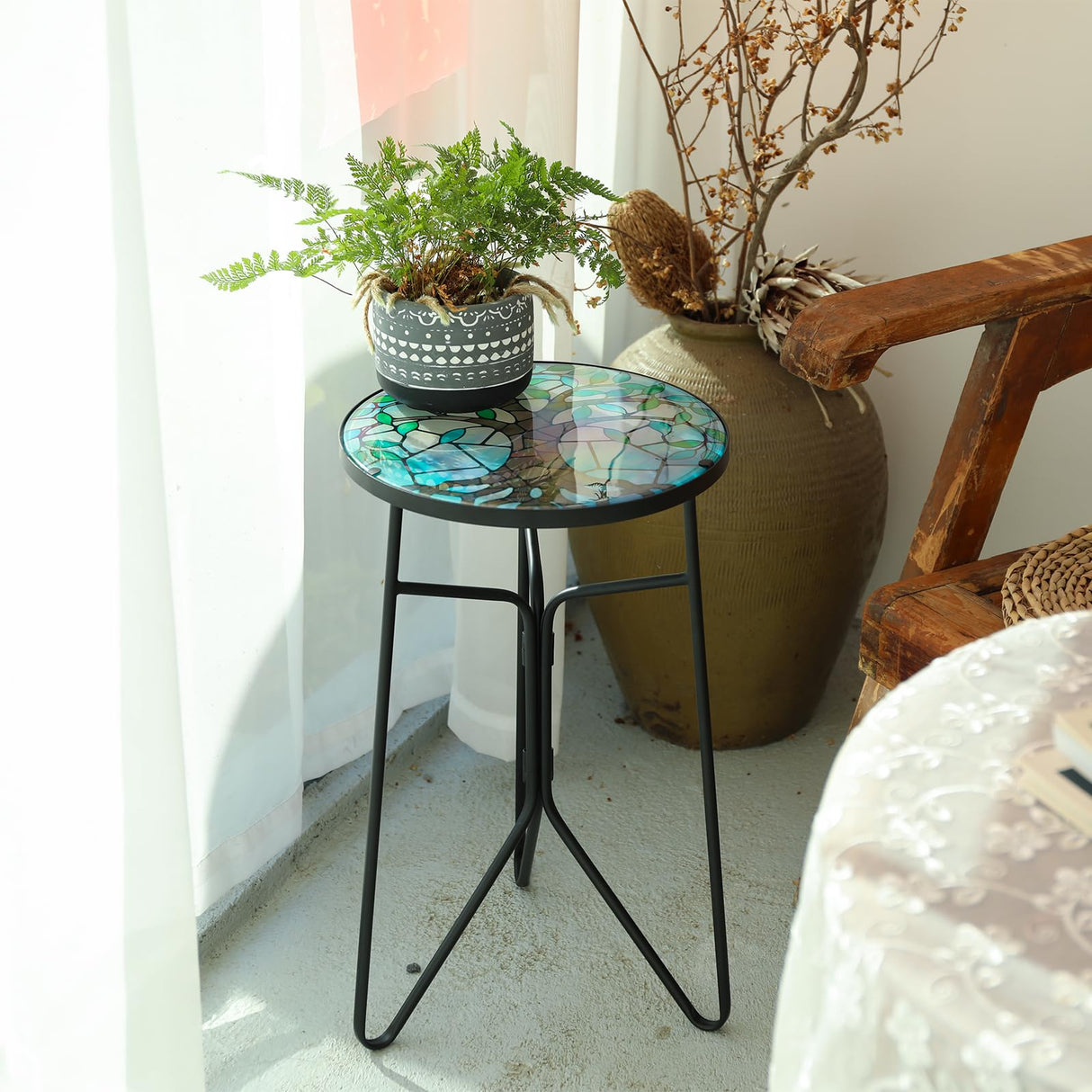 VCUTEKA Patio Side Table Outdoor Accent Table Bistro Coffee Table Plant End Table Small Porch Table Indoor Round Glass Balcony Plant Table Stands Tree 12'' - Bircata