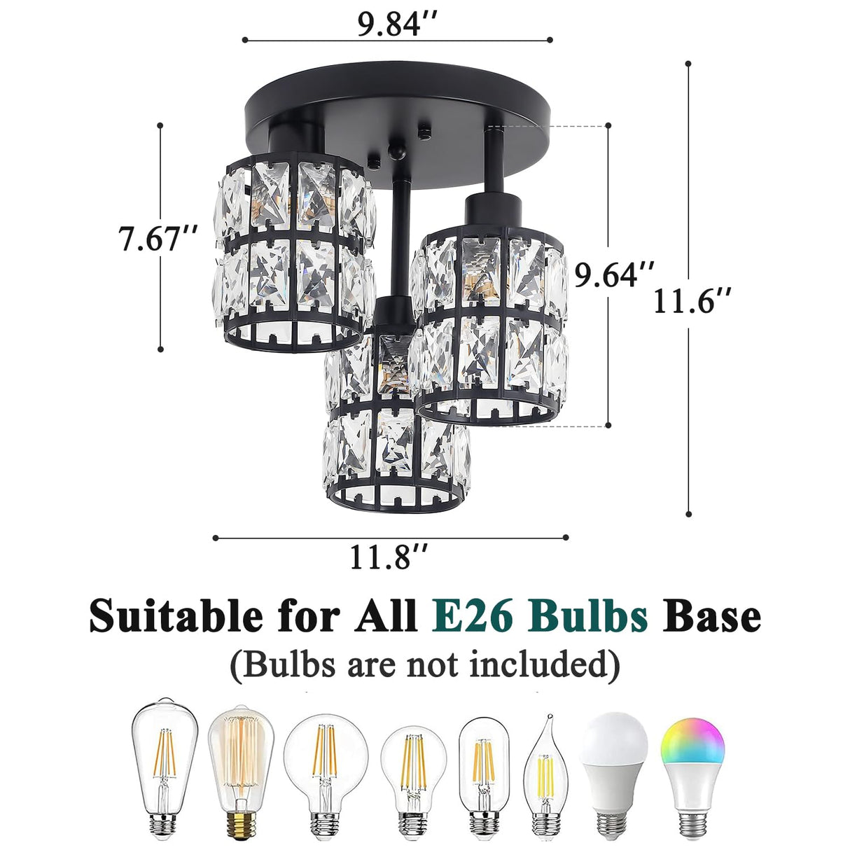 Semi Flush Mount Ceiling Light, 3-Light Close to Ceiling Light Fixture Black Small Crystal