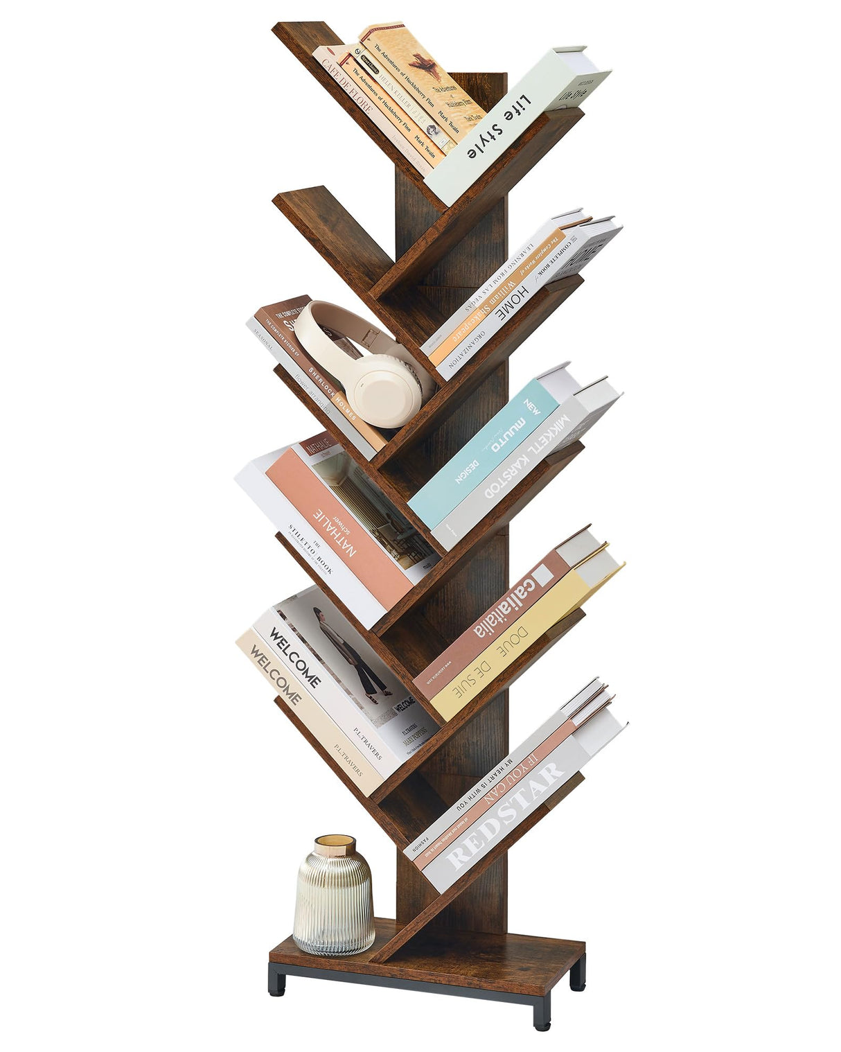 10 Shelf Tree Bookshelf, Floor Standing Wood Bookshelf for Books/Magazine/CDs/Movies, Modern Storage Rack Tree Bookcase, Utility Organizer Shelves for Narrow Space Home Office, Rustic Brown