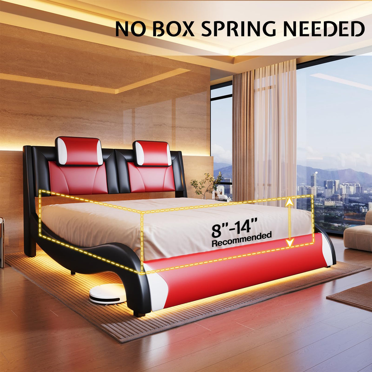 LED Full Size Bed Frame with Faux Leather Headboard