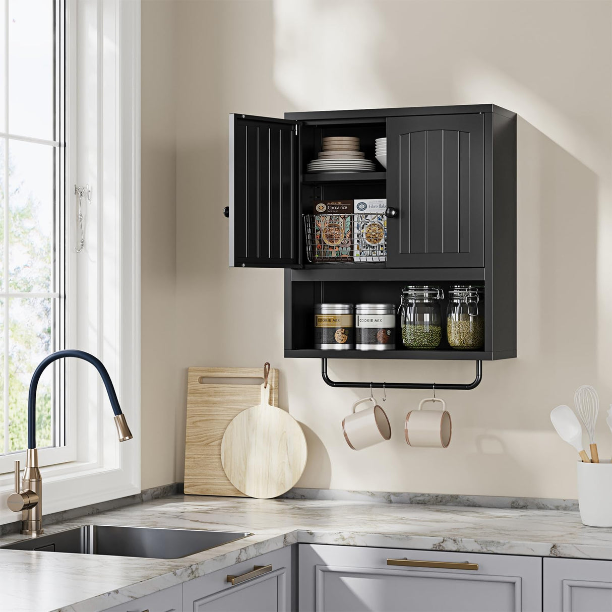 Black Metal Bathroom Wall Cabinet with 2 Doors,Metal Medicine Cabinet with Towel Rack