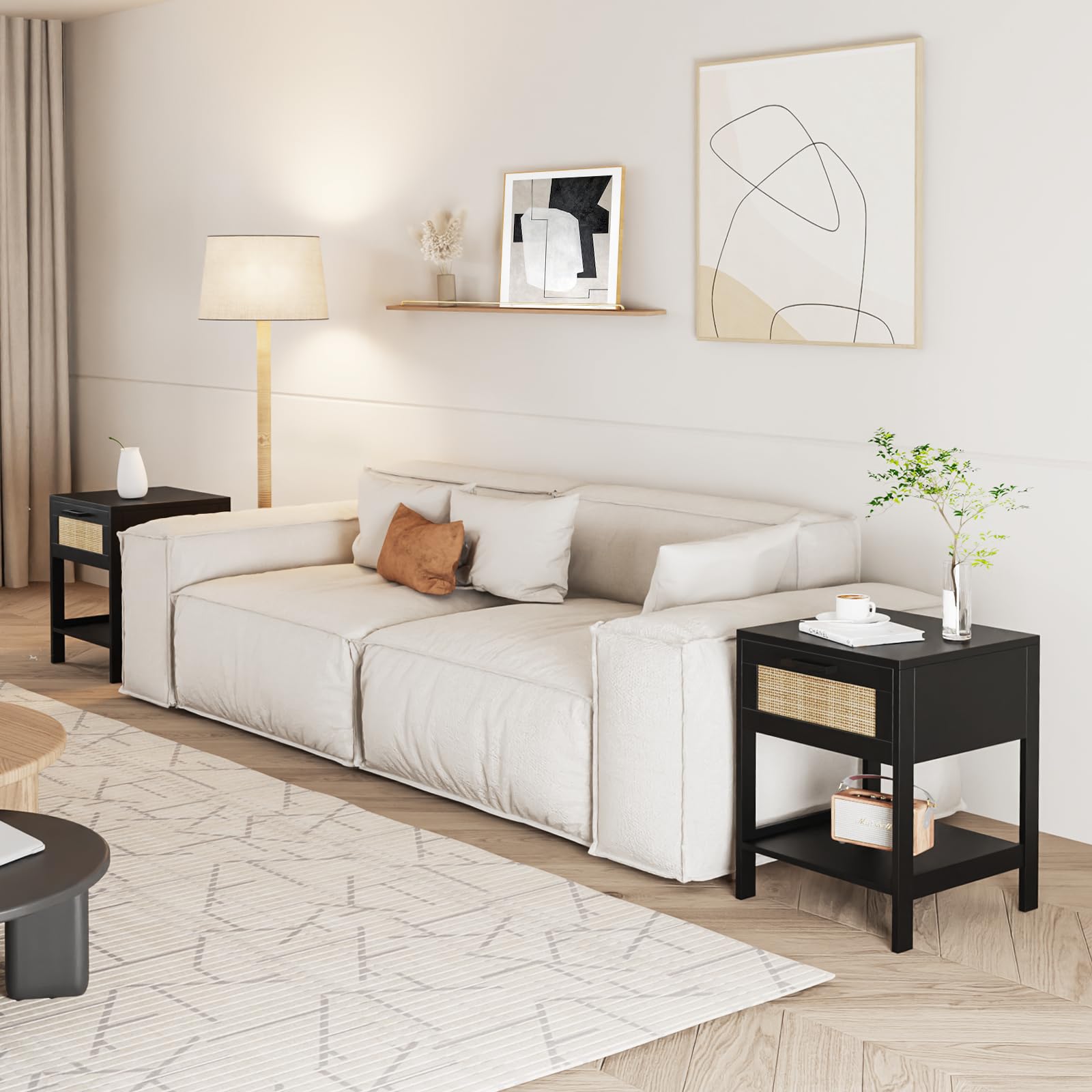 Rattan Nightstand Set of 2 - Rattan Decor Drawer Night Stand Natural Wood Bedside