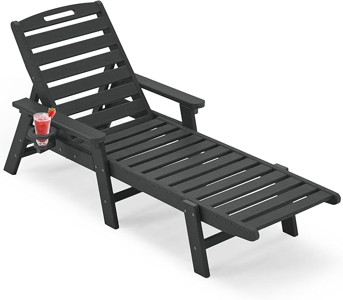 eavy Solid Patio Chaise Lounge with Arm/Cup Holder,HDPE Lounge Chair Outdoor[Wind