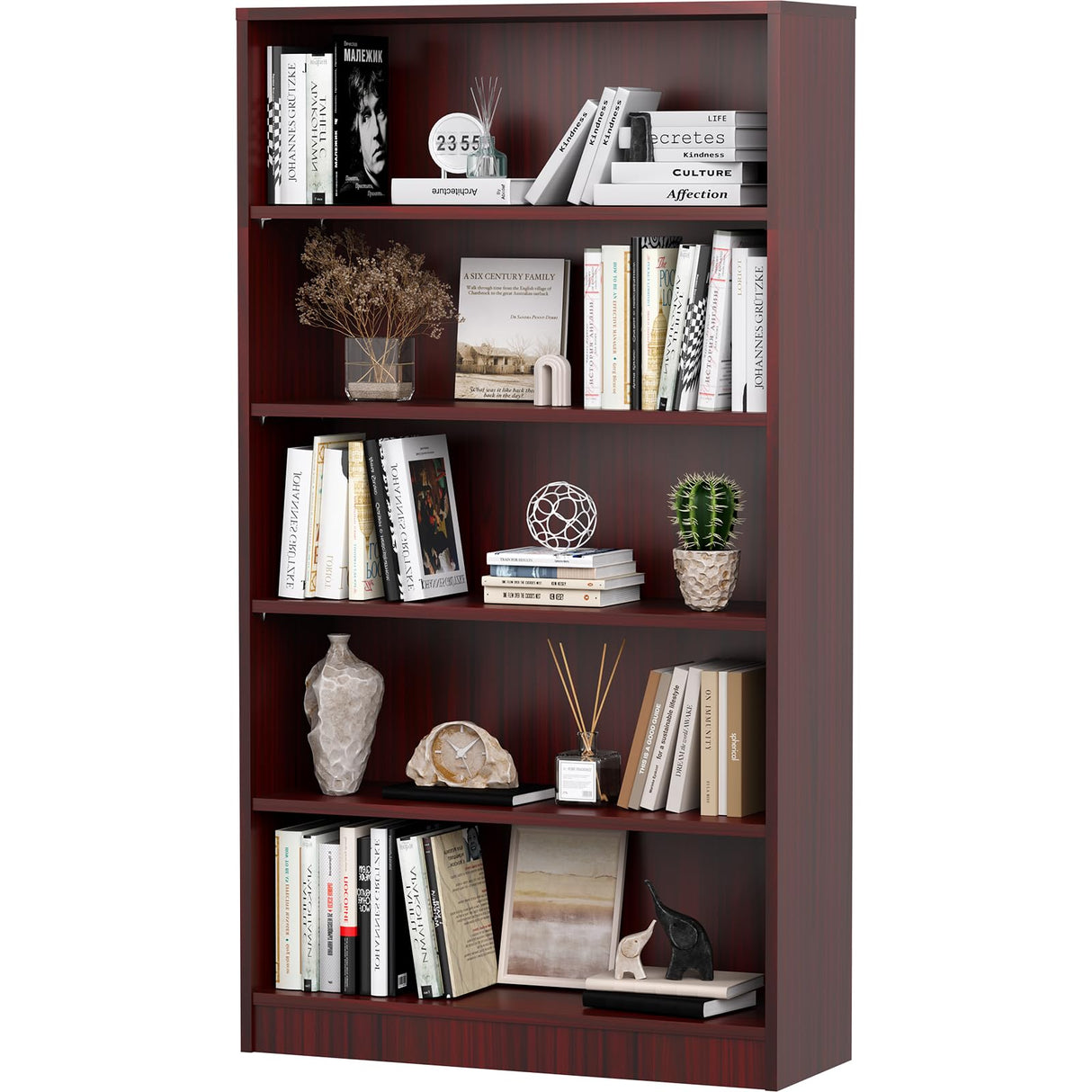 Soohow 5 Shelf Bookcase,60 Inch Wood Tall Bookshelves for Living Room,Mahogany