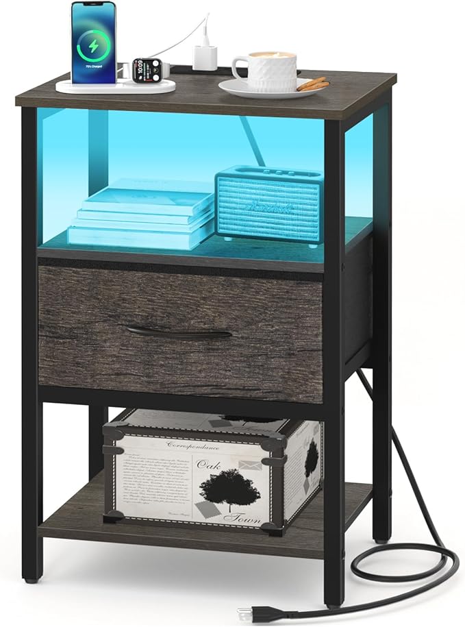 Side Table with Storage, LED Night Stand