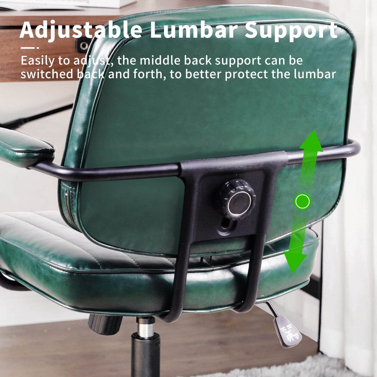 Mid-Century Green Leather Office Chair with Wheels and Arms