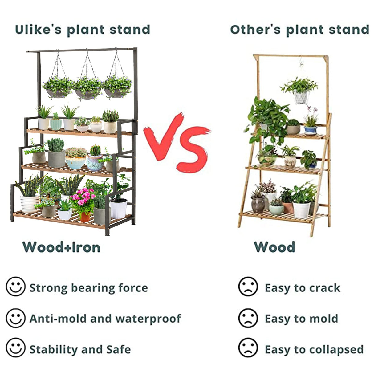 ULIKE Plant Stand Outdoor Indoor Hanging Plant Shelf for Multiple Plants 3 Tier Tall Plant Stand Wood Rack with Metal Frame for Patio Garden Balcony