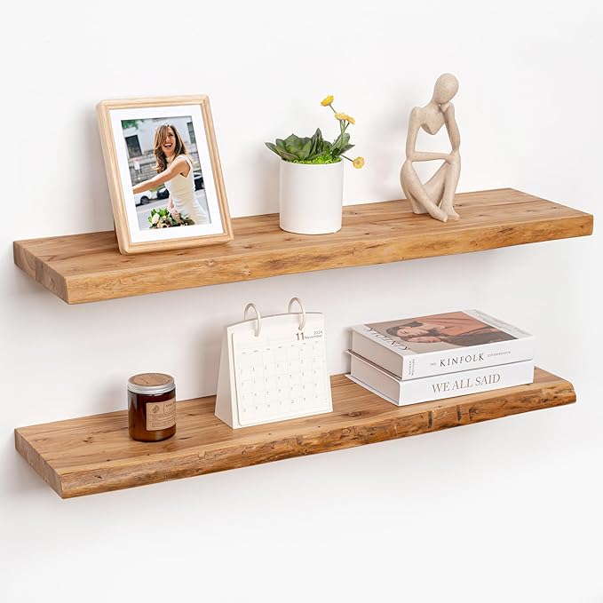24" Rustic Elm Wood Floating Shelves for Wall