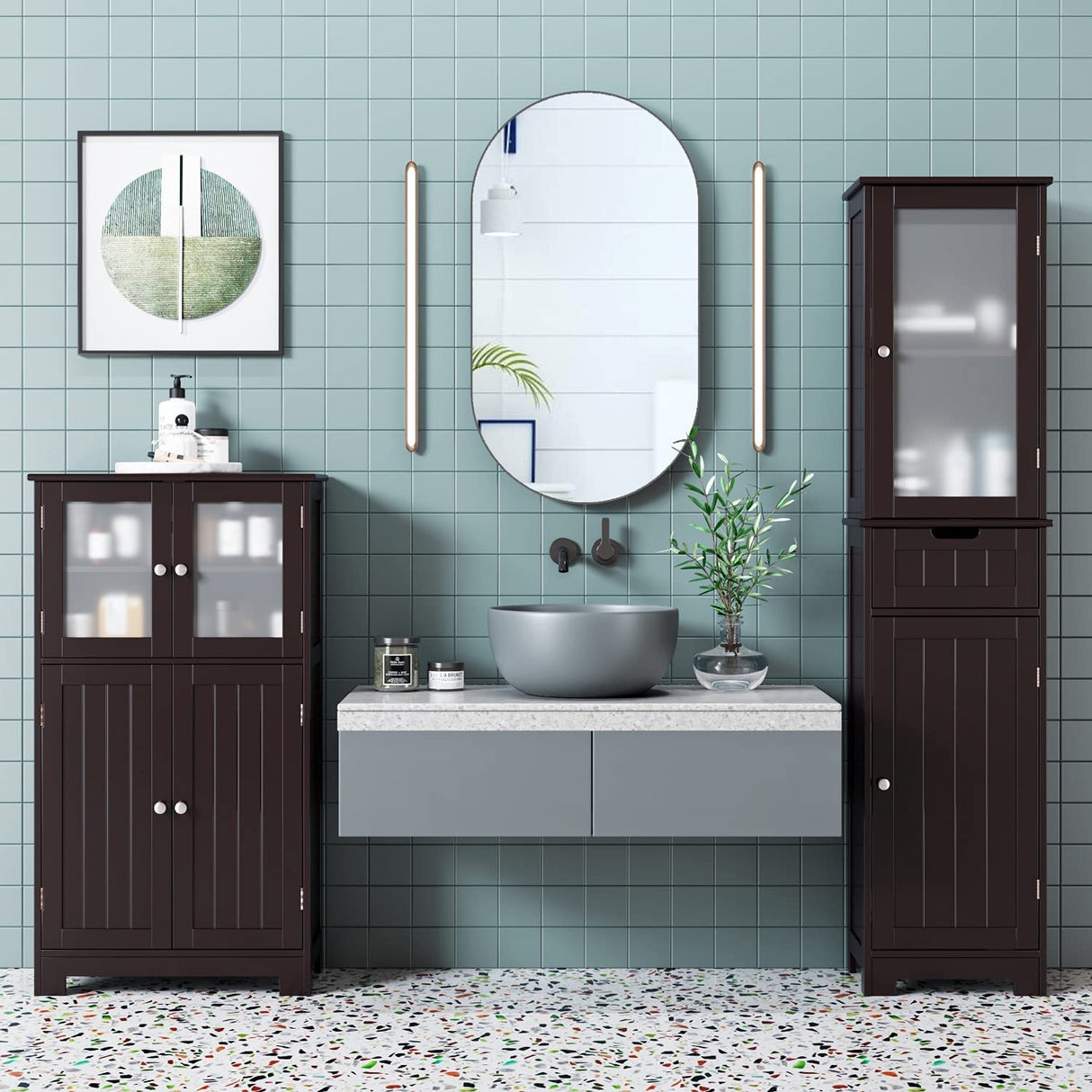 Bathroom Cabinet, Storage Cabinet with 2 Door & 1 Drawer, Floor Freestanding Cabinet with Adjustable Shelves,