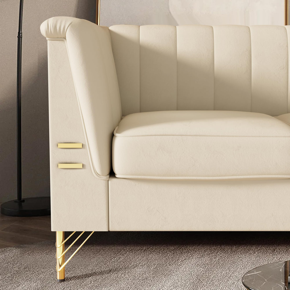 WeaArco 83 Inches 3 Seater Couch,Modern Velvet Sofa Couch with Gold Metal Legs,Mid-Century Modern Couch High Arm for Living Room,Bedroom,Office (Beige)