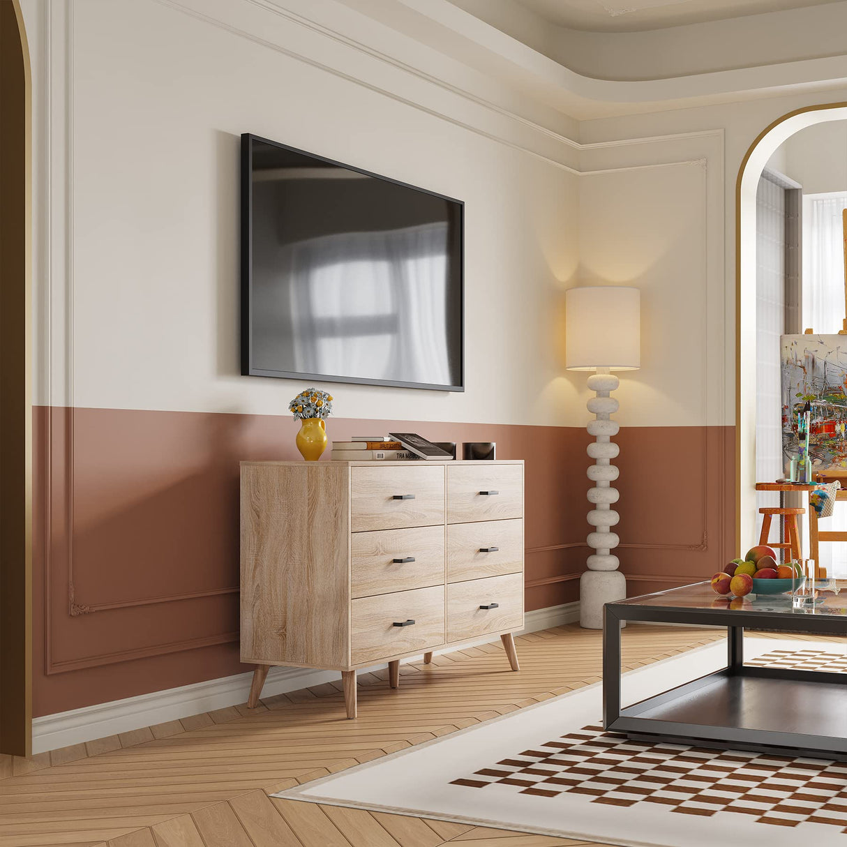 Wood Dresser for Bedroom, 6 Drawer Dresser with Metal Handles