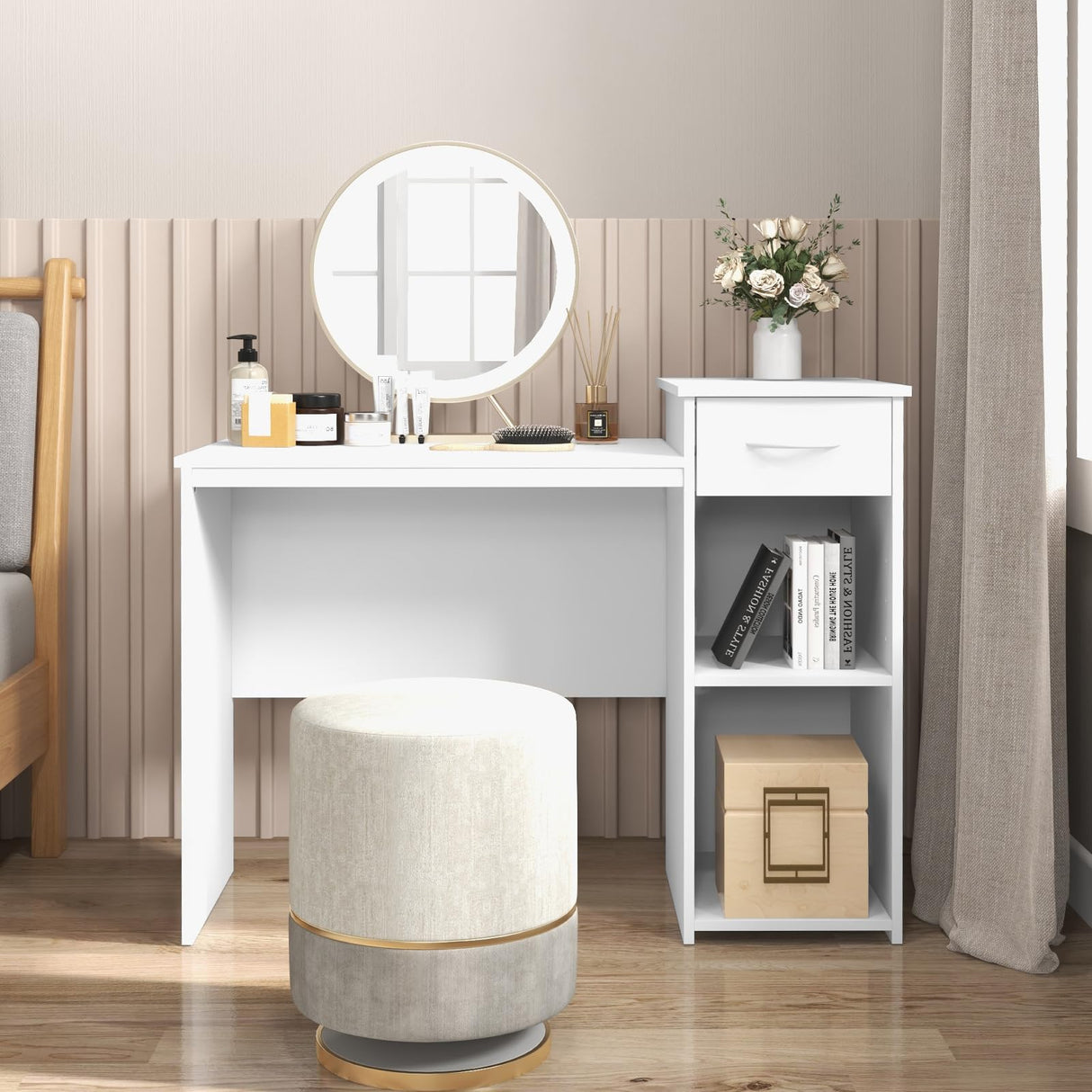 Tangkula White Desk with Drawer, Modern Computer Desk with Adjustable Shelf & Cable Hole, Compact Writing Study Desk, Wooden Computer Workstation for Home or Office, White