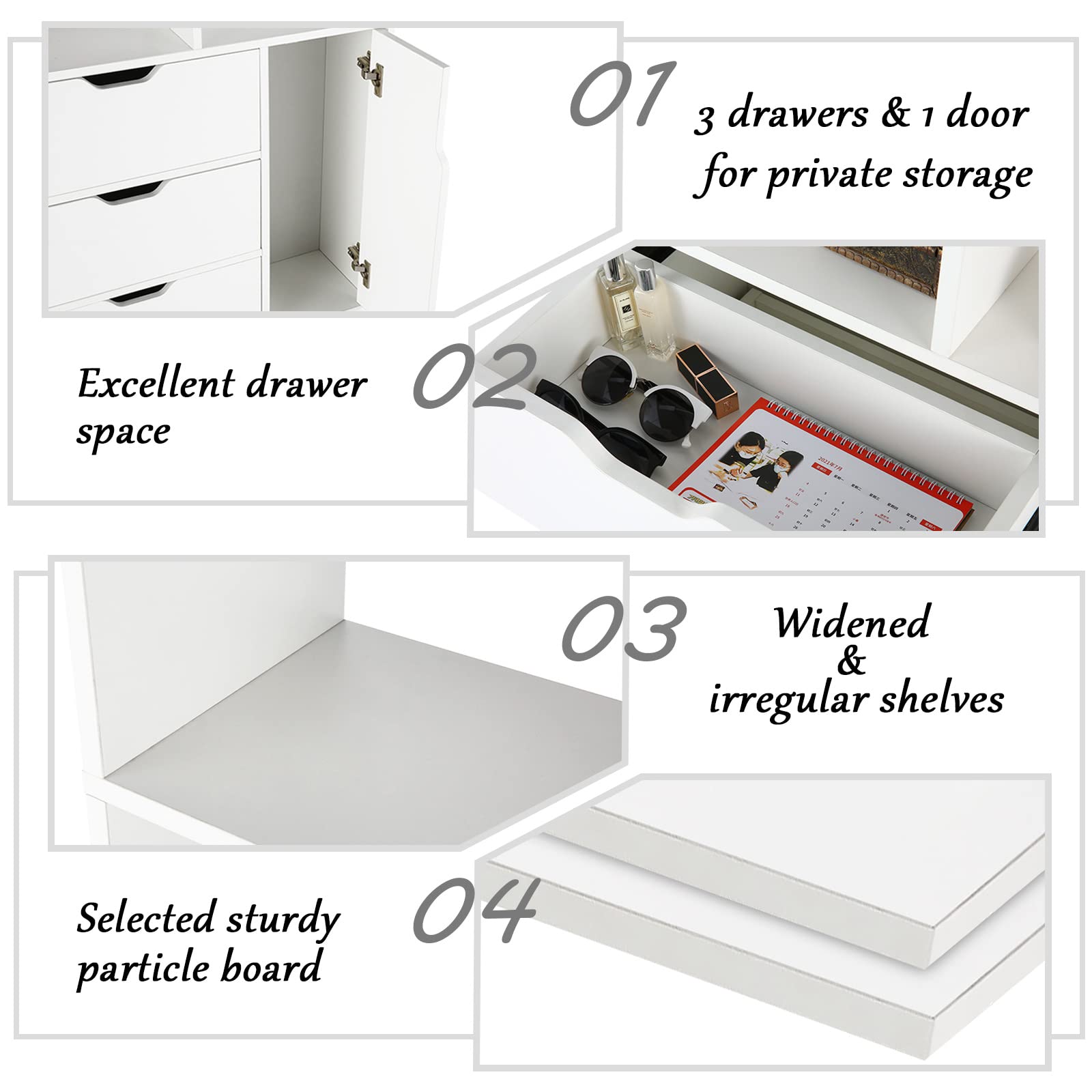 Stylish White Bookshelf, 71" Tall Bookshelf with Doors and 3 Drawers