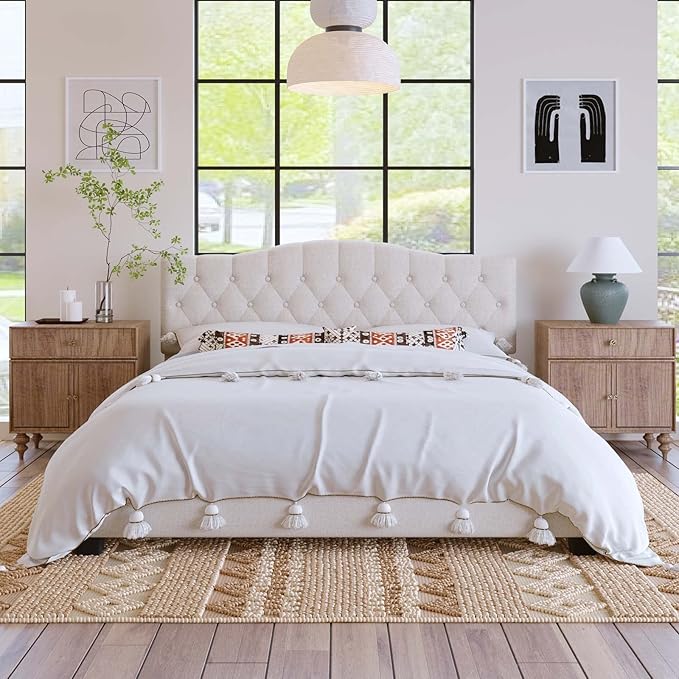 Full Size Upholstered Platform Bed Frame with Saddle Curved Headboard