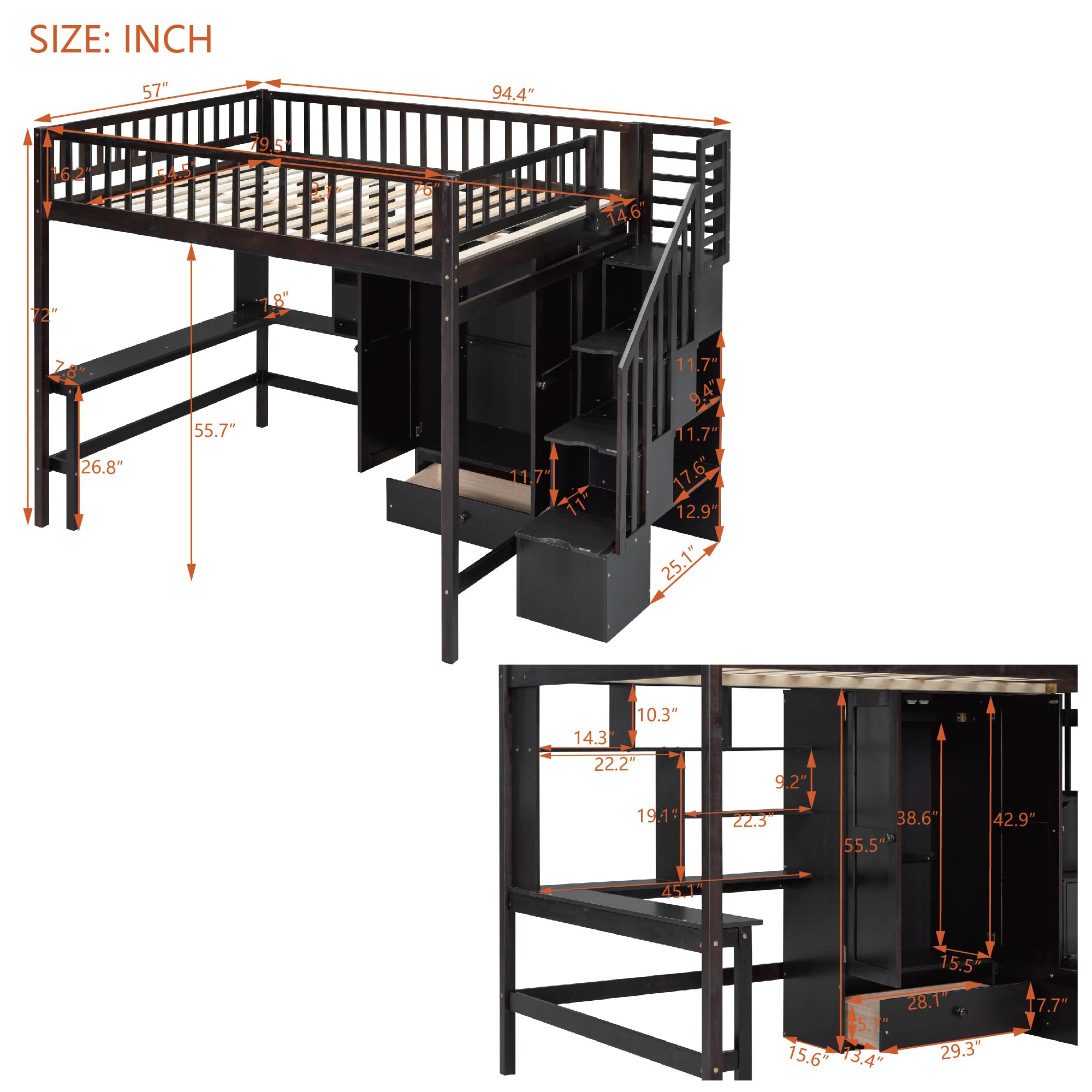 Loft Beds Stairway Loft Bed Frame with Wardrobe, Desk, Bookcase and Drawers, Espresso