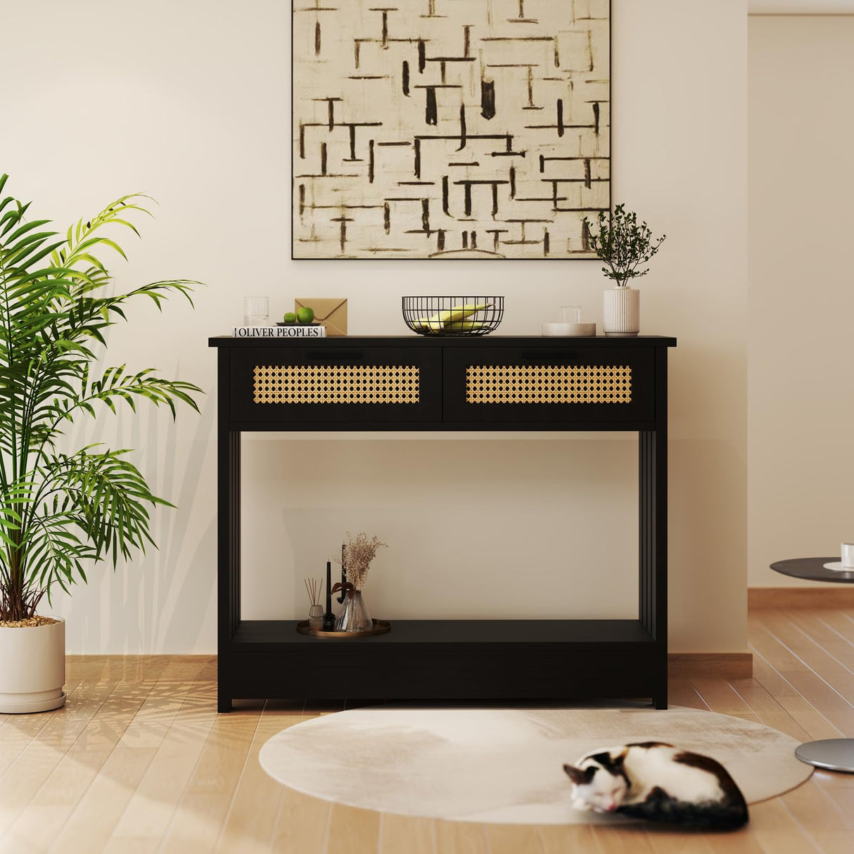 Rattan Console Table, 2-Tier Entryway Table with Drawers and Storage 68lbs